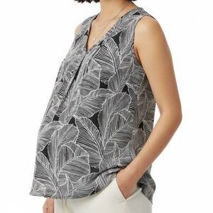 A Pea In The Pod Maternity Black & White Leaf Print Silky Sleeveless Blouse | Sm